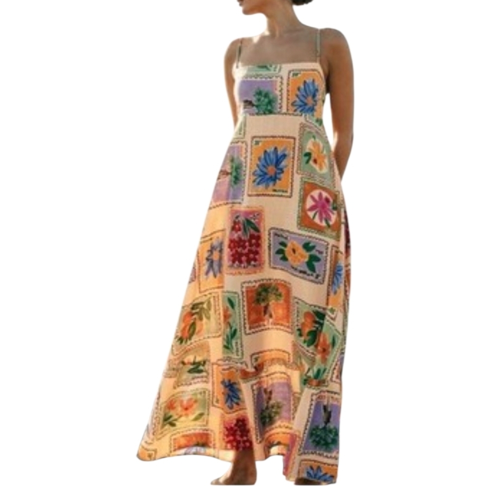 Paper Heart Anthropologie Wo's Strappy Stamp Floral Postcard Maxi Dress Size M